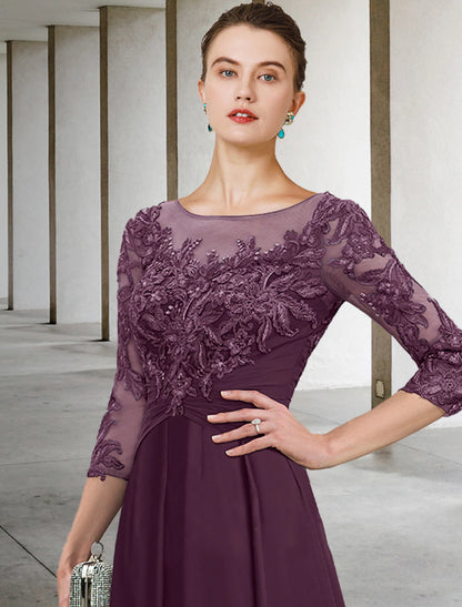 A-Line Mother of the Bride Dress Wedding Guest Elegant Plus Size Jewel Neck Ankle Length Chiffon Lace 3/4 Length Sleeve