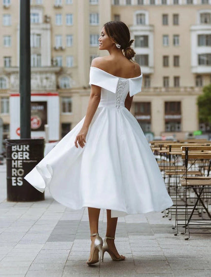 Simple Wedding Dresses Satin Little White Dresses A-Line Off Shoulder Formal Short Sleeve Tea Length Bridal Gowns