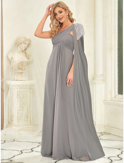 Evening Gown Empire Dress Wedding Guest Floor Length Sleeveless One Shoulder Chiffon