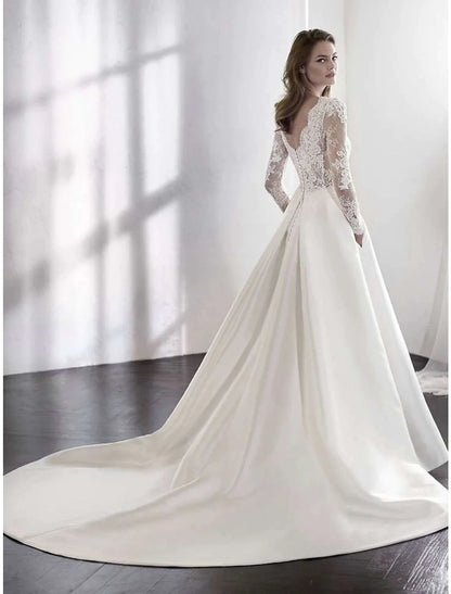 Reception Formal Wedding Dresses A-Line Illusion Neck Long Sleeve Chapel Train Satin Bridal Gowns With Lace Pleats