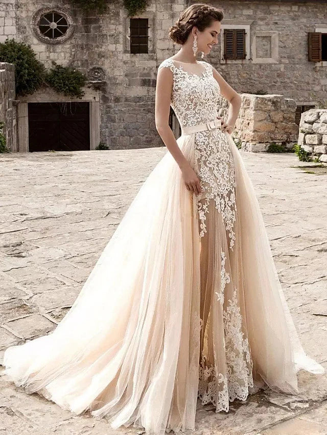 Engagement Formal Wedding Dresses Court Train Mermaid / Trumpet Cap Sleeve Illusion Neck Lace With Appliques