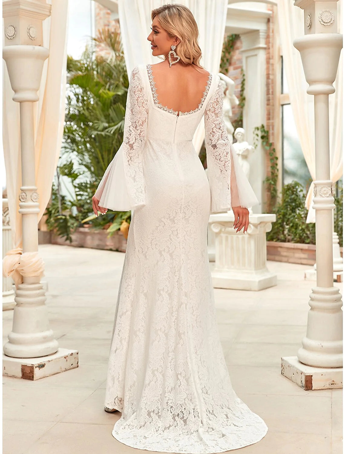 Beach Wedding Dresses Sweep / Brush Train Mermaid / Trumpet Long Sleeve Square Neck Lace With Split Front