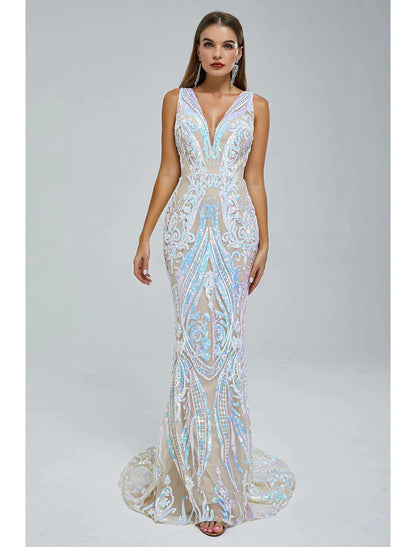 Mermaid / Trumpet Evening Gown Sparkle & Shine Dress Wedding Guest Engagement Court Train Sleeveless V Neck Sequined with Sequin