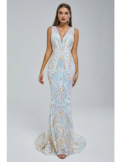 Evening Gown Elegant Dress Engagement Court Train Sleeveless V Neck Sequined