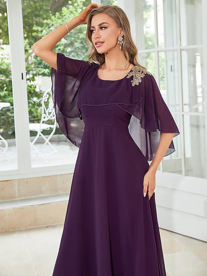 A-Line Wedding Guest Dresses Elegant Dress Party Wear Floor Length Half Sleeve Jewel Neck Chiffon with Ruffles