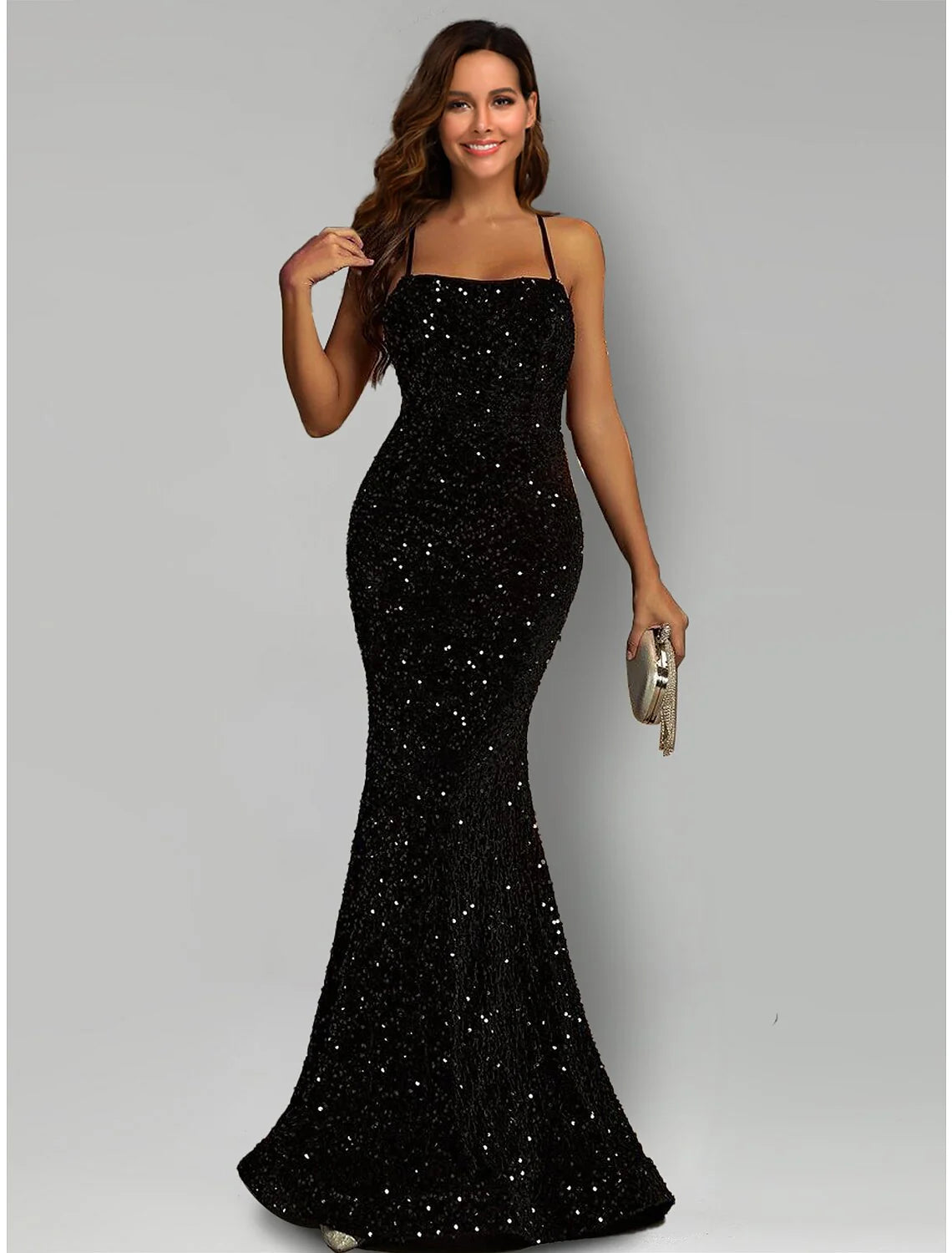 Evening Gown Sparkle & Shine Dress Formal Black Tie Sweep / Brush Train Sleeveless Halter Neck Sequined with Sequin