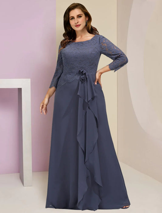 Mother of the Bride Dresses Plus Size Curve Hide Belly Wedding Guest Party Elegant Scoop Neck Floor Length Chiffon Lace 3/4 Length Sleeve with Ruffles Appliques