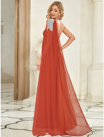 Evening Gown Empire Dress Wedding Guest Floor Length Sleeveless One Shoulder Chiffon