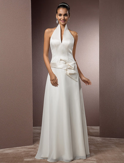 Hall Wedding Dresses Sheath / Column Halter Sleeveless Floor Length Satin Bridal Gowns With Sash / Ribbon