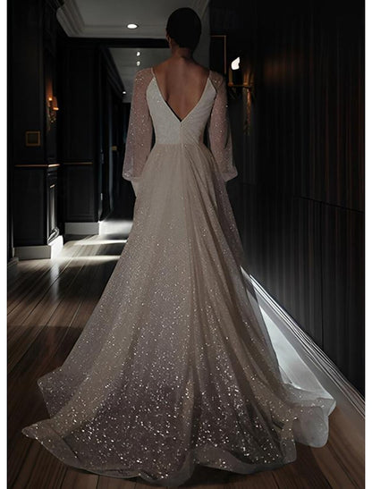 Beach Wedding Dresses A-Line V Neck Long Sleeve Floor Length Sequined Bridal Gowns