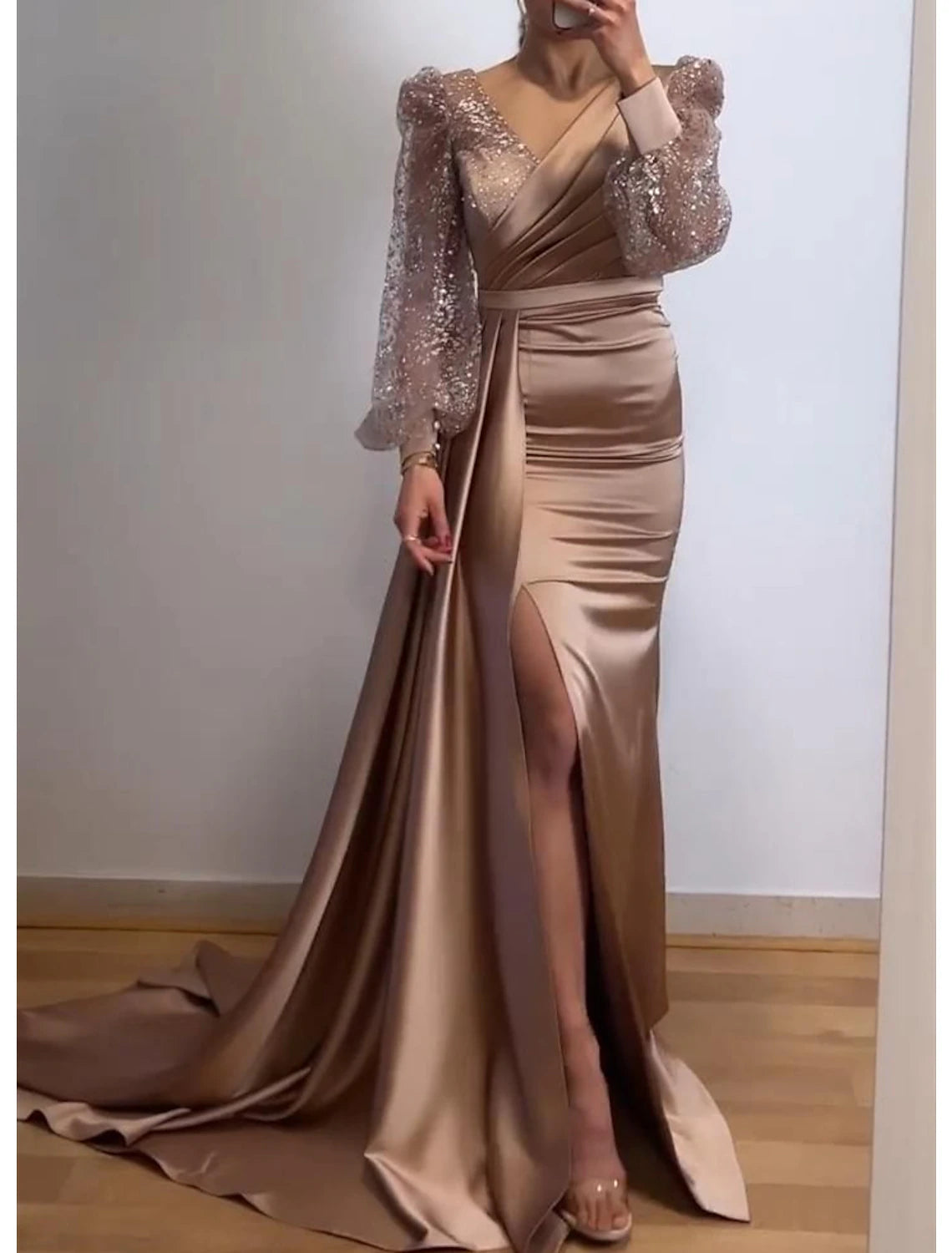 Mermaid Evening Dress Champagne Gown Sparkle Sequin Dress Formal Black Tie Floor Length Long Sleeve V Neck Satin