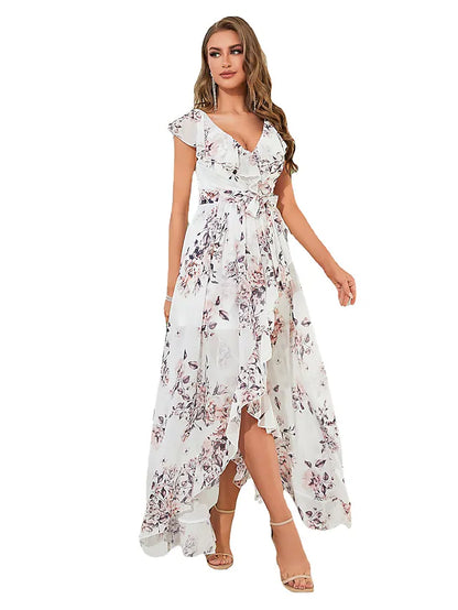 A-Line Wedding Guest Dresses Floral Dress Party Wear Asymmetrical Sleeveless V Neck Chiffon with Ruffles Strappy