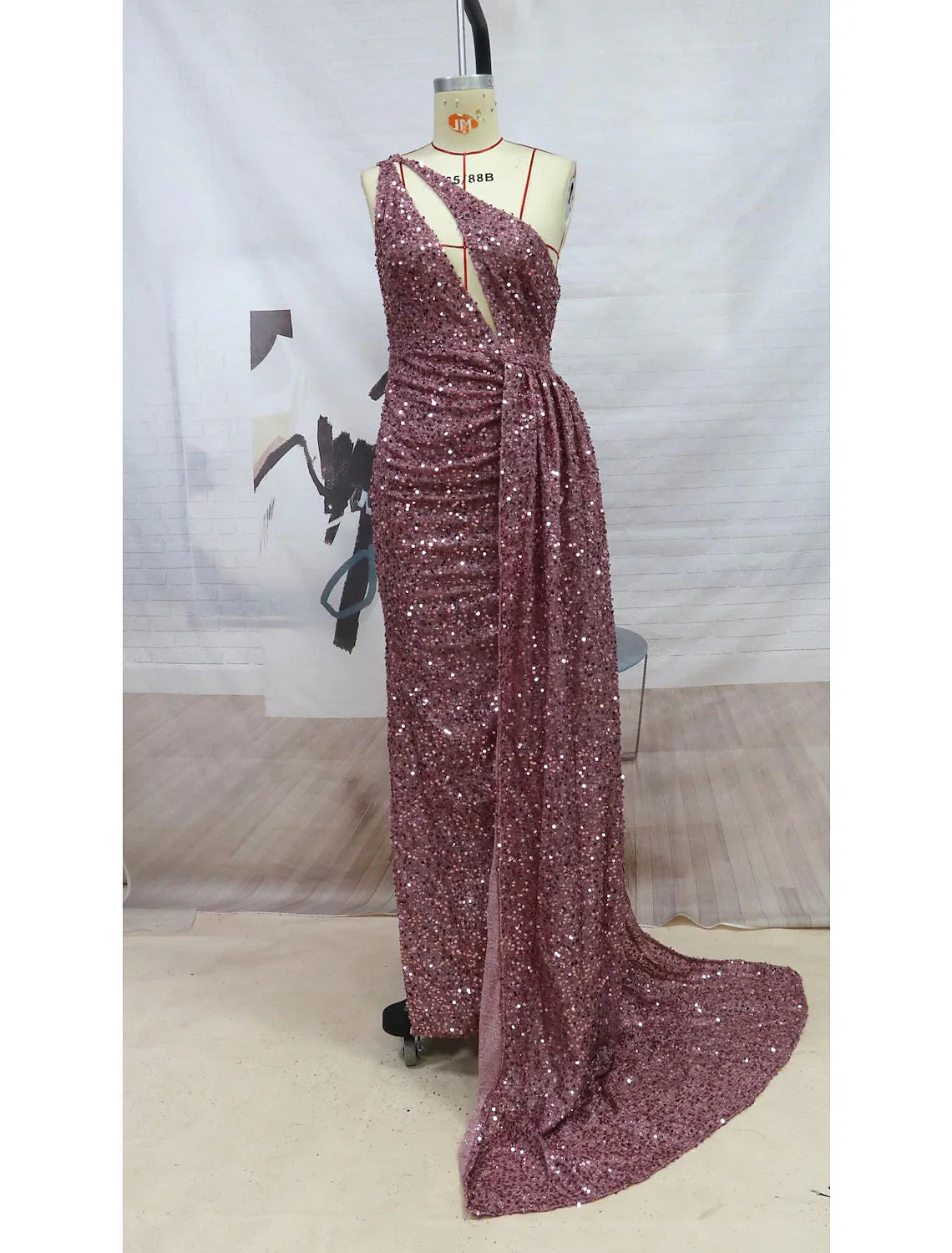 Evening Dress One Shoulder Sleeveless Court Train Sequined with Sequin Slit