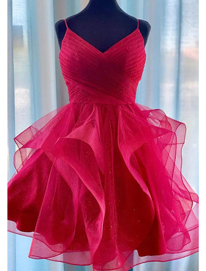 Homecoming Dresses Tiered Plisse Dress Holiday Short / Mini Sleeveless Spaghetti Strap Organza with Glitter Ruched