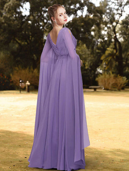 Evening Gown Empire Dress Wedding Guest Floor Length Long Sleeve V Neck Chiffon with Pleats Pure Color