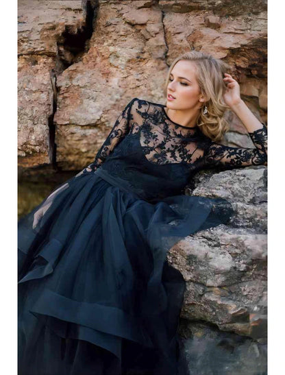 Beach Boho Black Wedding Dresses Ball Gown Spaghetti Strap V Neck Long Sleeve Sweep / Brush Train Chiffon Bridal Suits Bridal Gowns