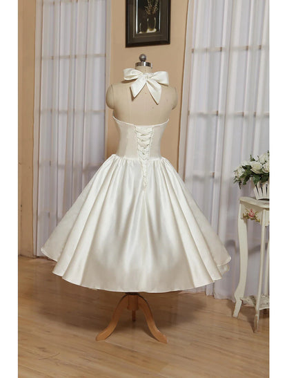 Reception Little White Dresses Wedding Dresses A-Line Halter Sleeveless Tea Length Satin Bridal Gowns With Bow(s) Pleats