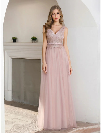 Evening Gown Elegant Dress Wedding Guest Formal Evening Floor Length Sleeveless V Neck Satin V Back with Sash / Ribbon Sequin