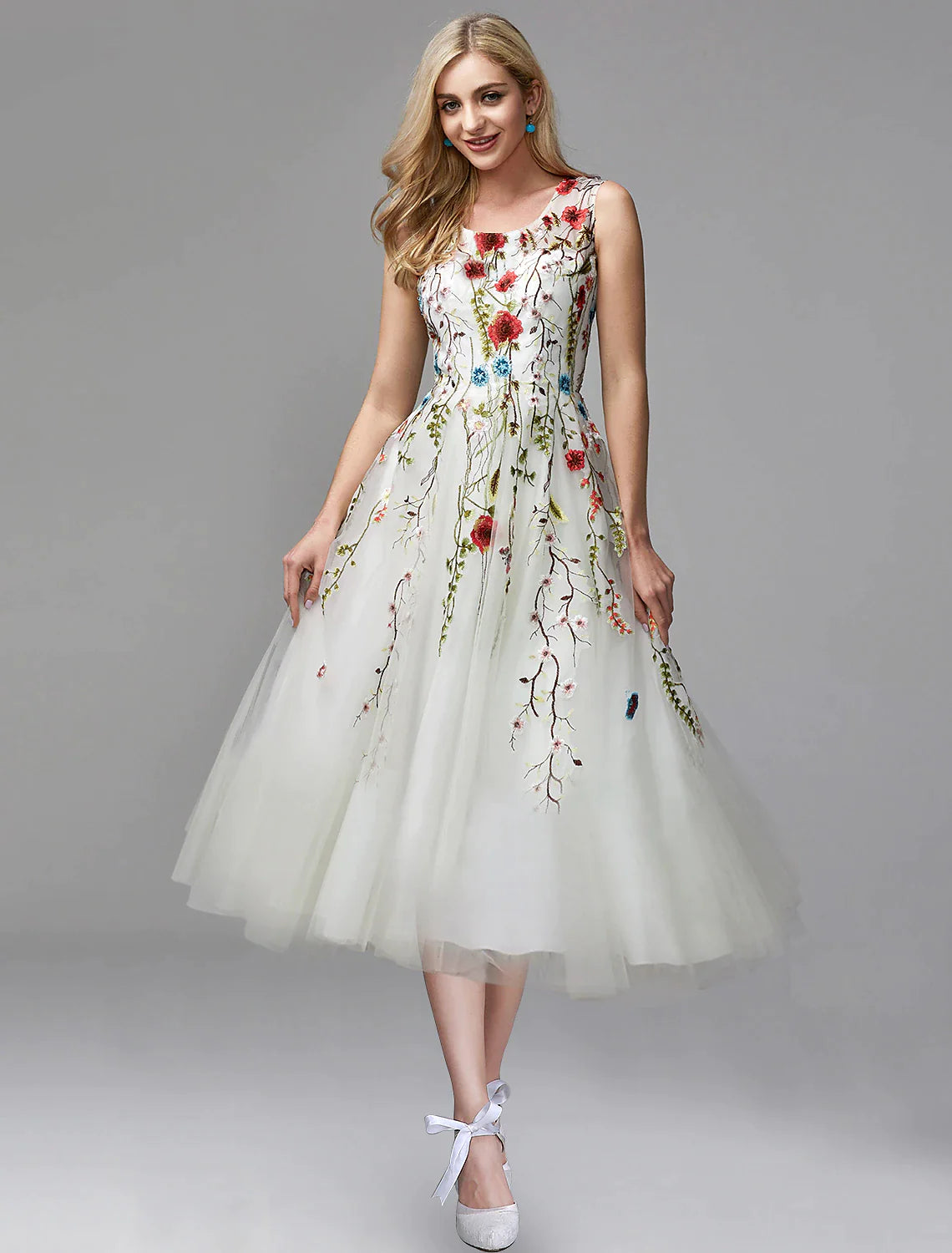 A-Line Prom Dresses Floral Dress Engagement Tea Length Sleeveless Jewel Neck Chiffon with Lace Insert Appliques