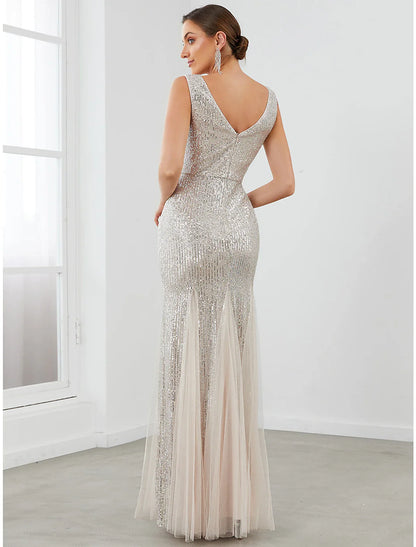 Evening Gown Elegant Dress Formal Evening Floor Length Sleeveless V Neck Sequined V Back with Sequin Pure Color