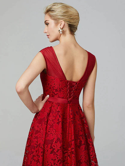 Cocktail Party Tea Length Sleeveless Illusion Neck All Over Floral Lace with Pleats