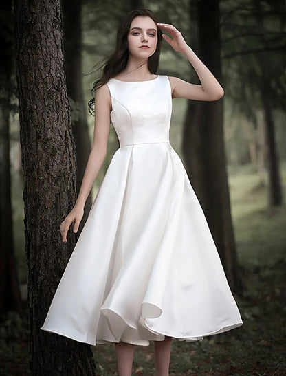 Reception Little White Dresses Wedding Dresses A-Line Scoop Neck Sleeveless Tea Length Satin Bridal Gowns With Solid Color