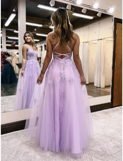 A-Line Evening Gown Open Back Dress Formal Prom Floor Length Sleeveless V Neck Tulle Backless with Beading Slit Appliques