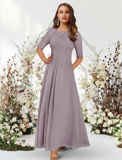 A-Line Evening Gown Elegant Dress Wedding Guest Formal Evening Floor Length Half Sleeve Jewel Neck Chiffon with Pleats Ruched