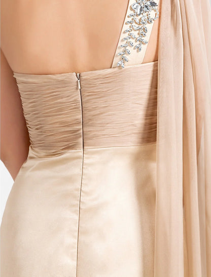 Evening Black Tie Gala Dress One Shoulder Sleeveless Floor Length Chiffon with Criss Cross Crystals