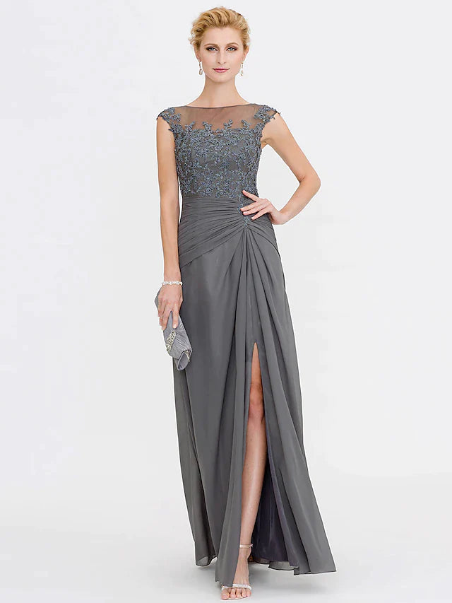 A-Line Mother of the Bride Dress Elegant See Through Bateau Neck Floor Length Chiffon Lace Sleeveless with Side Draping