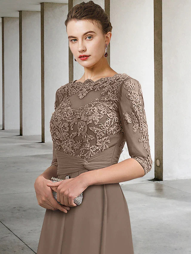 A-Line Mother of the Bride Dress Plus Size Elegant Jewel Neck Ankle Length Chiffon Lace Half Sleeve with Ruched Beading Appliques