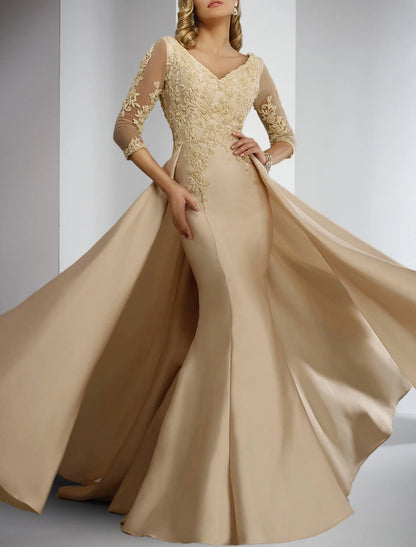 Sheath / Column Mother of the Bride Dress Formal Wedding Guest Elegant V Neck Floor Length Satin Lace 3/4 Length Sleeve