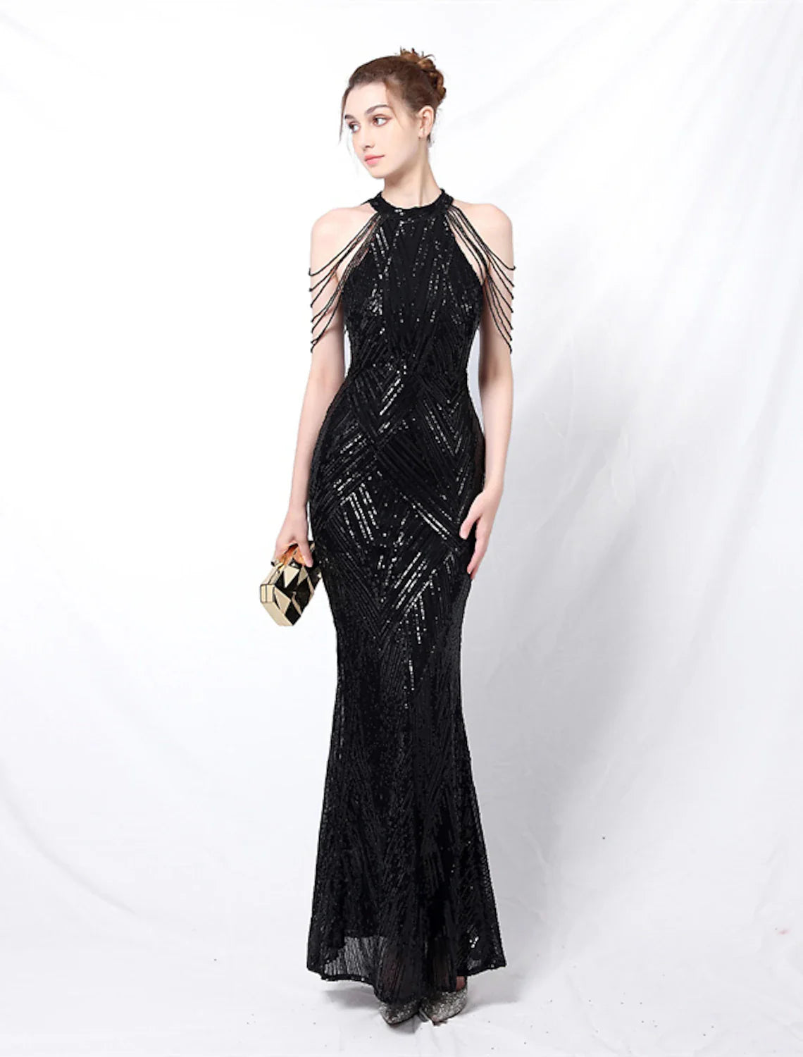 Evening Gown Sparkle & Shine Dress Formal Floor Length Short Sleeve High Neck Sequined Backless with Crystals Sequin