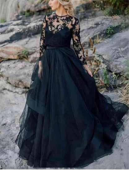 Beach Boho Black Wedding Dresses Ball Gown Spaghetti Strap V Neck Long Sleeve Sweep / Brush Train Chiffon Bridal Suits Bridal Gowns