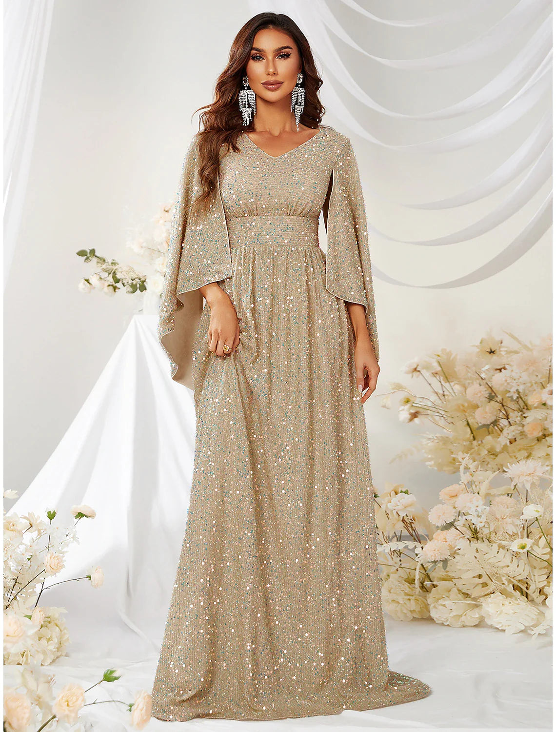 Evening Gown Sparkle & Shine Dress Formal Sweep / Brush Train Long Sleeve V Neck Capes Polyester with Sequin