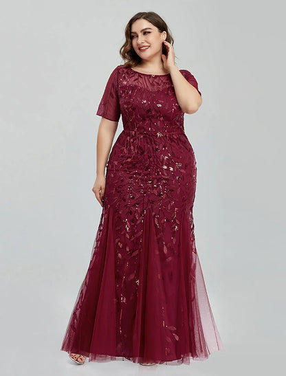 Evening Gown Empire Dress Homecoming Floor Length Short Sleeve Jewel Neck Tulle with Embroidery