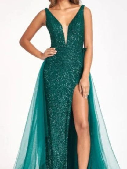 Sheath/Column V-Neck Sleeveless Floor-Length Long Prom Dresses