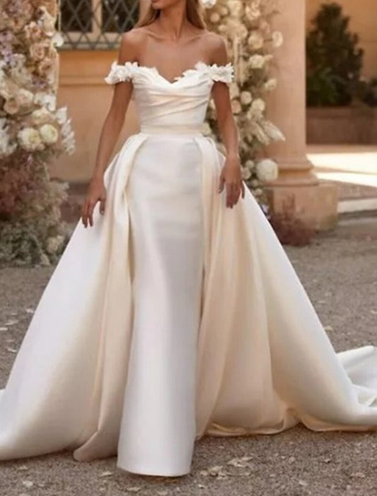 Engagement Formal Wedding Dresses Sheath / Column Off Shoulder Cap Sleeve Court Train Satin Bridal Gowns