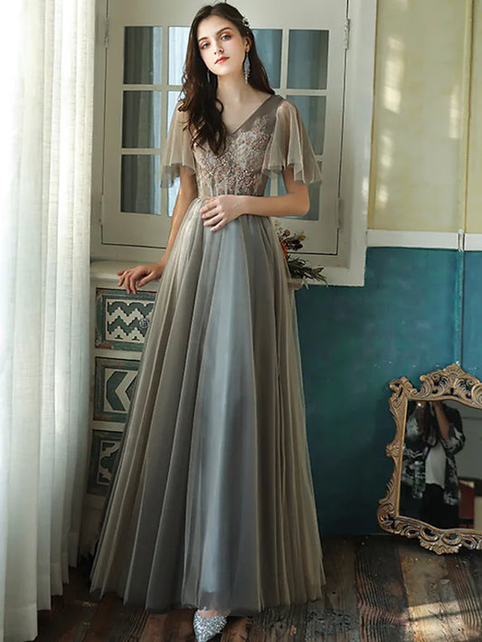 A-Line Bridesmaid Dress V Neck Short Sleeve Elegant Floor Length Tulle with Beading Sequin