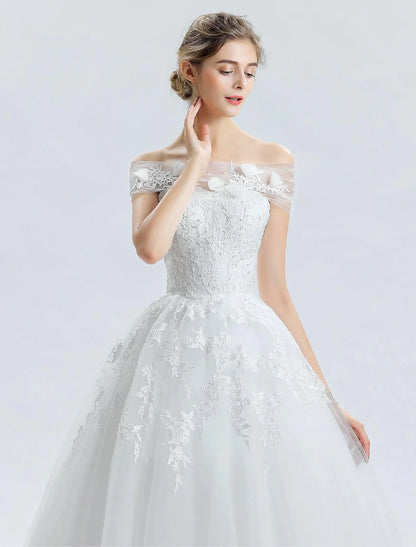 Hall Wedding Dresses Ball Gown Off Shoulder Sleeveless Cathedral Train Satin Bridal Gowns With Lace Beading