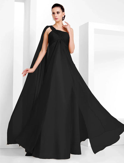 Evening Black Tie Gala Dress One Shoulder Sleeveless Floor Length Chiffon with Criss Cross Crystals