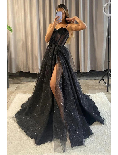 A-Line Evening Dresses Glitter Black Dress Wedding Dresses Formal Gothic Dress Floor Length Sleeveless Sweetheart Spaghetti Tulle