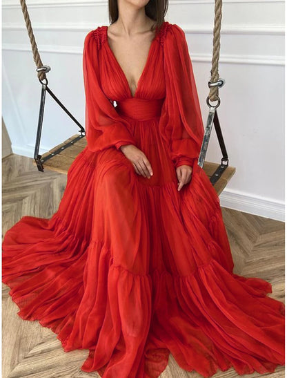 A-Line Evening Gown Elegant Dress Formal Wedding Guest Floor Length Long Sleeve V Neck Chiffon