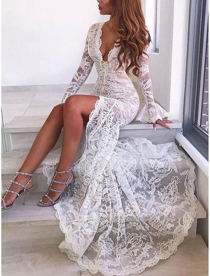 Beach Boho Wedding Dresses Mermaid / Trumpet V Neck Long Sleeve Sweep / Brush Train Lace Bridal Gowns