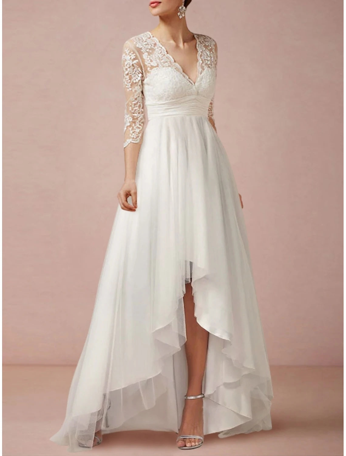 Mature Wedding Dresses Sheath / Column V Neck 3/4 Length Sleeve Asymmetrical Chiffon Bridal Gowns