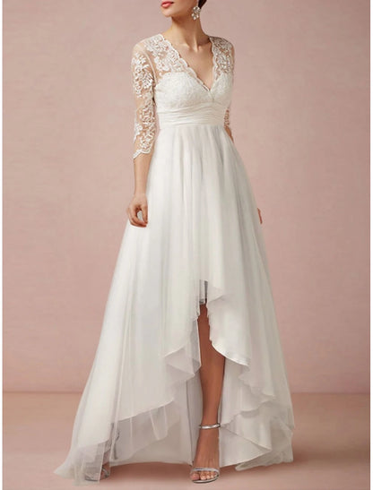 Mature Wedding Dresses Sheath / Column V Neck 3/4 Length Sleeve Asymmetrical Chiffon Bridal Gowns