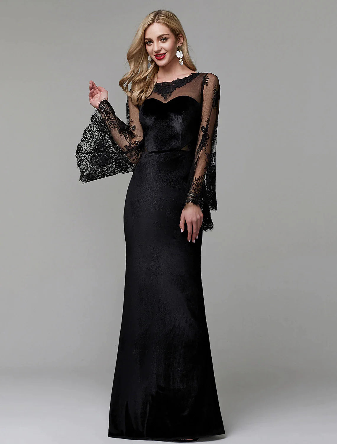 Sheath / Column Elegant Dress Wedding Guest Floor Length Long Sleeve Illusion Neck Lace with Lace Insert