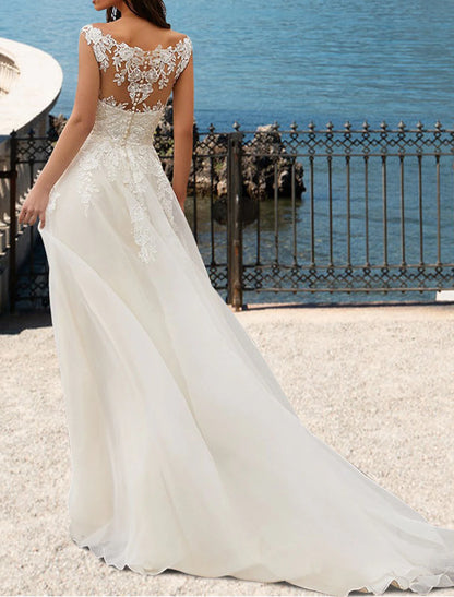 Beach Open Back Wedding Dresses A-Line V Neck Sleeveless Court Train Lace Bridal Gowns