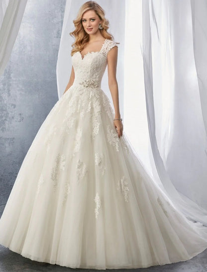 Engagement Formal Fall Wedding Dresses Ball Gown Sweetheart Cap Sleeve Court Train Lace Bridal Gowns With Appliques