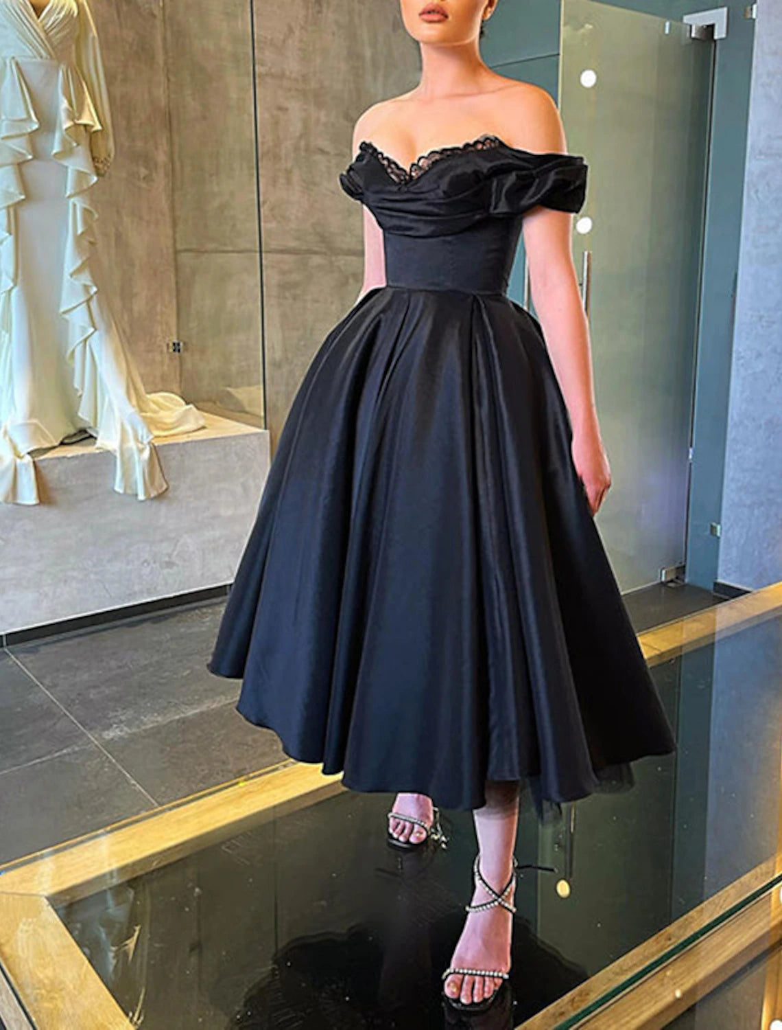 A-Line Evening Vintage Dress Masquerade Wedding Party Tea Length Short Sleeve Off Shoulder Fall Wedding Guest Satin